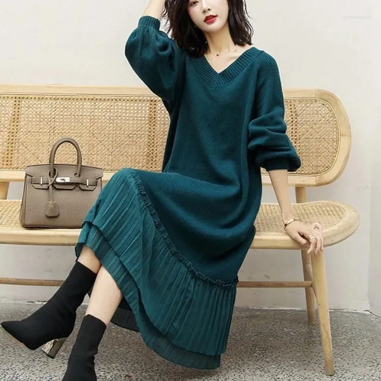 Chandails femme automne/hiver Style coréen tricot au dessus du genou col en v couleur unie femme livraison directe RZ667