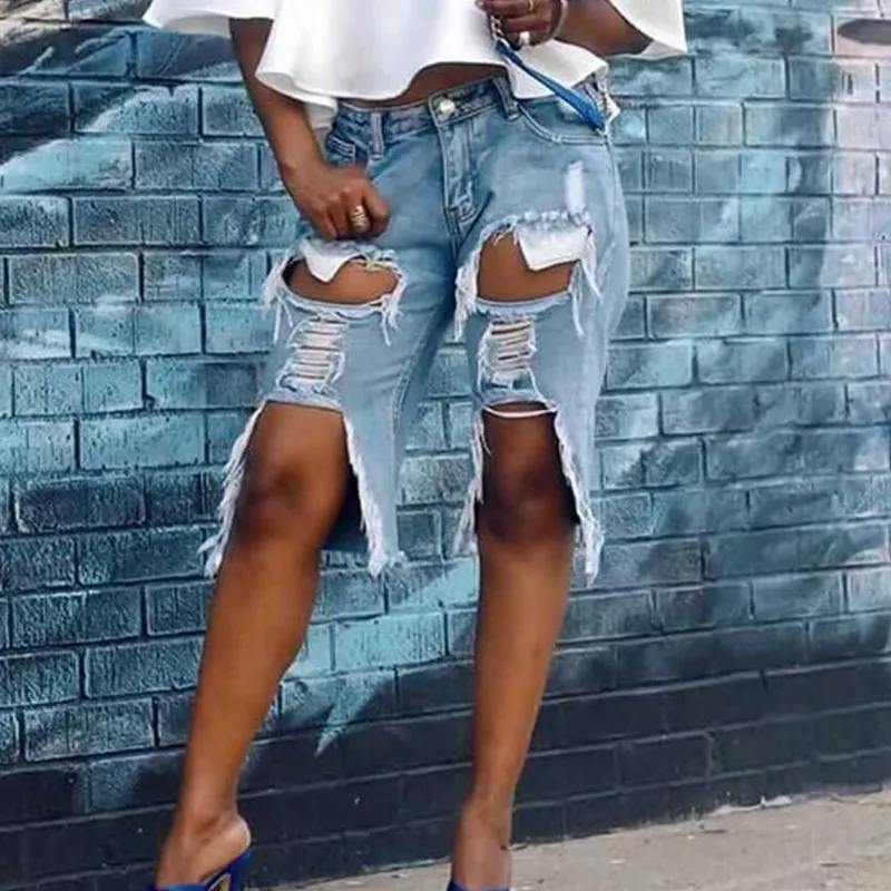 Shorts pour femmes Sexy déchiré trou genou longueur Baggy Denim femmes lâche droite courte jean Indie mode 2023 grande taille streetwear 230419