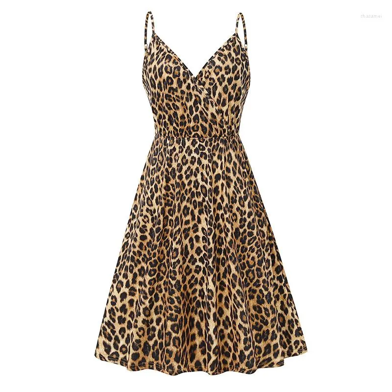 Casual Dresses Sexy Summer Women Spaghetti Strap V Neck Leopard Printed Skater A LIne Knee Length High Waist Dress