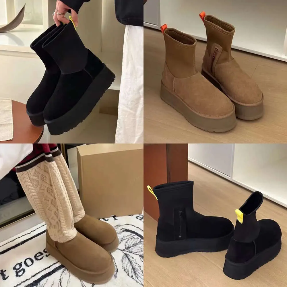 Botas de neve clássicas Dipper de designer de luxo Austrália Tasman plataforma de couro meias elásticas botas novas mulheres com zíper lateral curto botas de tornozelo de pelúcia e algodão quente