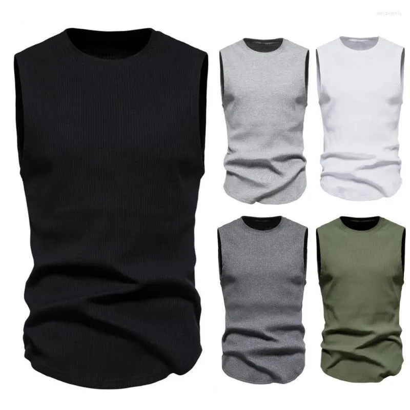 Camisetas sin mangas para hombre, chaleco de verano para hombre, Top deportivo de Color sólido, camiseta sin mangas con cuello redondo, camiseta elástica de punto transpirable para hombre