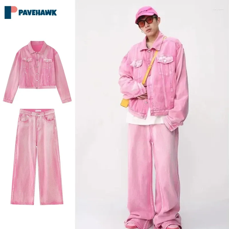 Tute da uomo americano rosa denim set uomo moda high street primavera autunno cappotto jeans coreano unisex Y2K vestiti harajuku due pezzi set