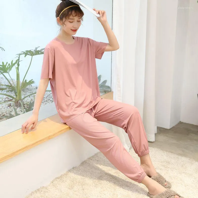 Women's Sleepwear Summer Homewear Pyjamas Women Short Sleeve Loose Pants Set Two-piece Suit Girls Cute Pink Pajamas Sets Oversize 2 Piece