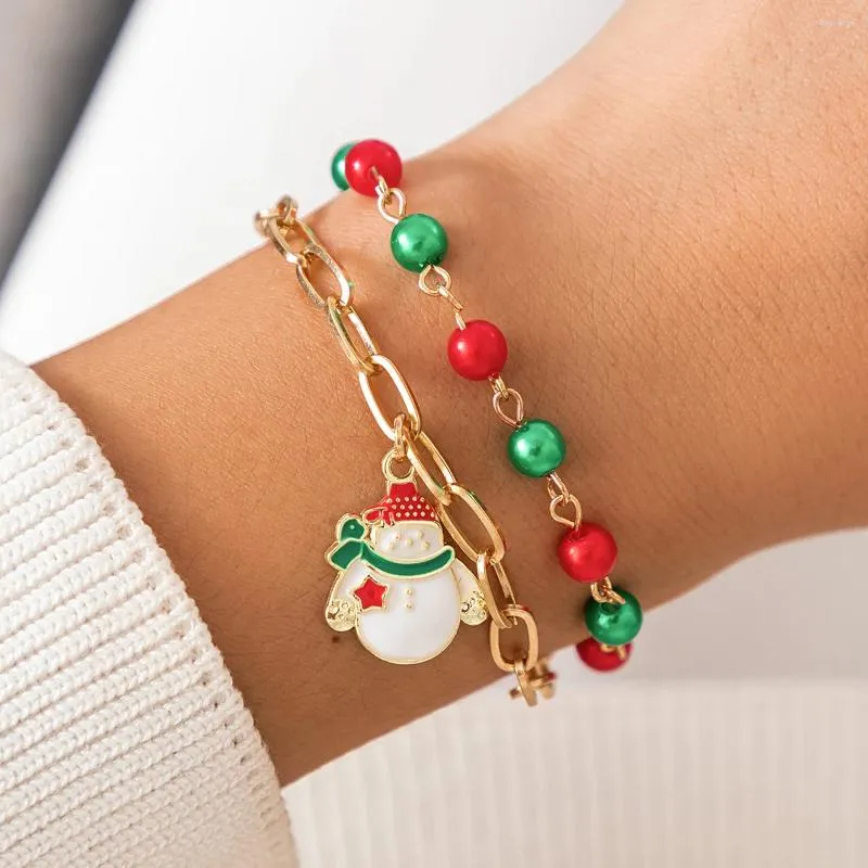 Braccialetti a maglie IngeSight.Z Simpatiche perline colorate Bracciale con ciondolo Babbo Natale per donna Catena punk in metallo dorato con croce natalizia