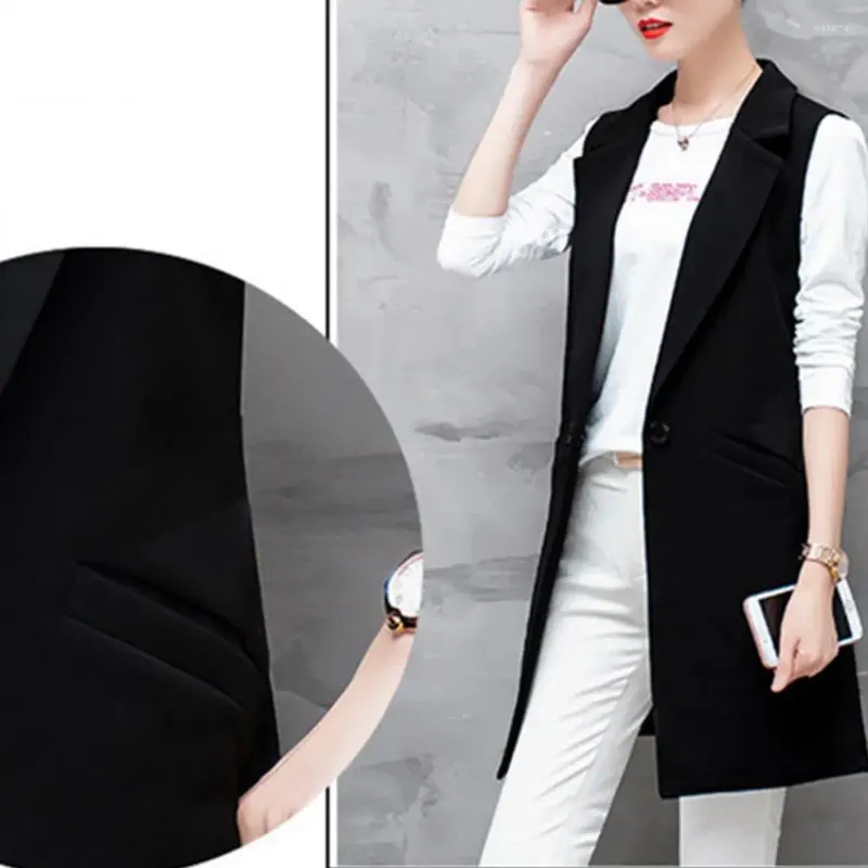 Abiti da donna Gilet da donna primaverile Cappotto elegante senza maniche Giacca con bavero di media lunghezza con tasche sottili Stile formale da pendolarismo