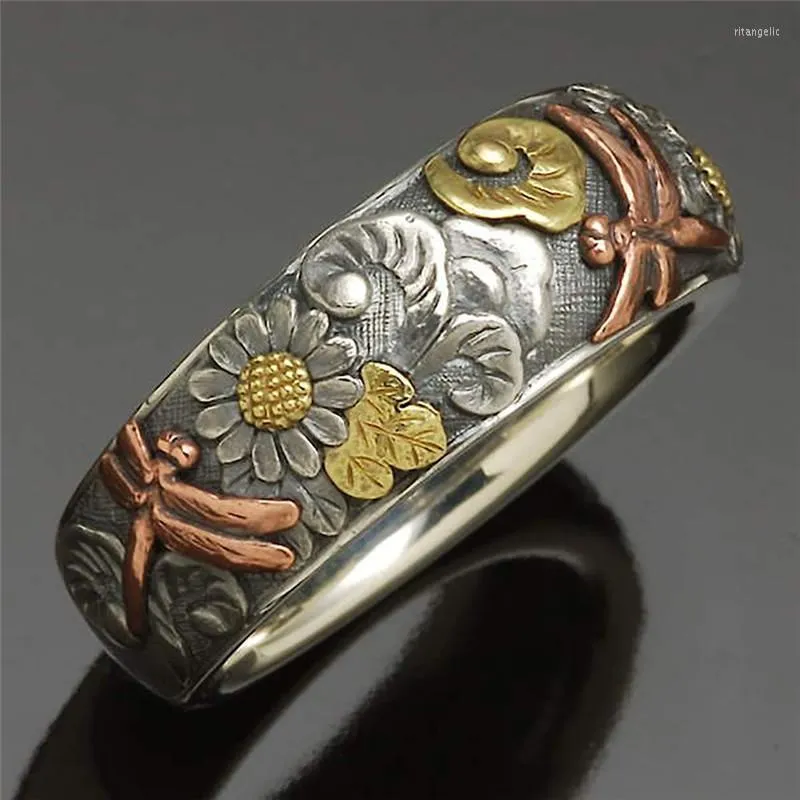 Wedding Rings 2023 Fashion Punk Vintage Flower Dragonfly Sunflower Ring For Men WomenWedding Rita22