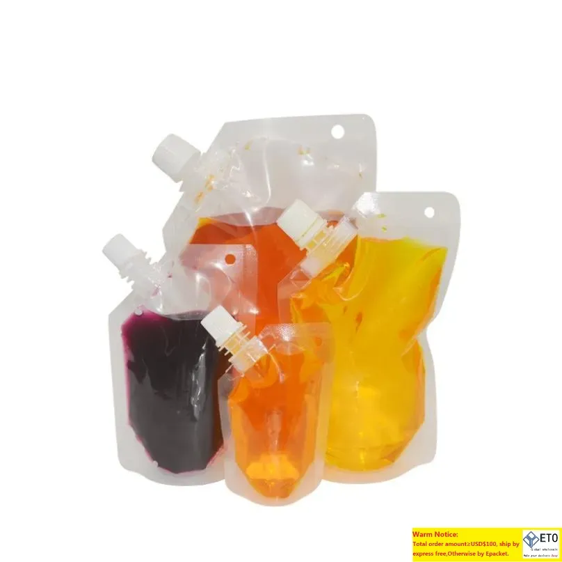 100pcs High quality different sizes spout pouch stand up plastic bag clear for cold liquid drink carry customized