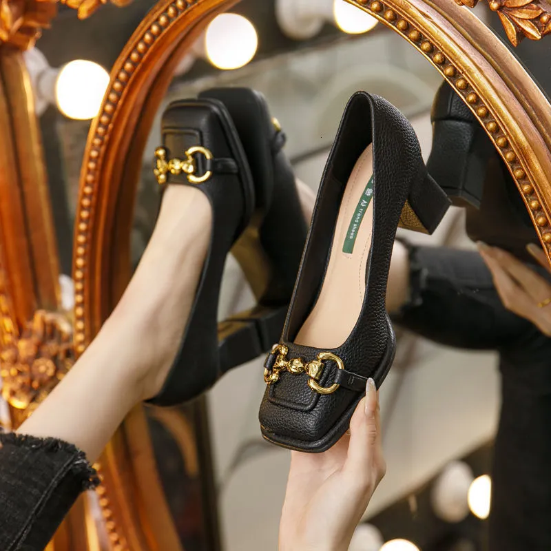 Chaussures Habillees A Mi Talons Chaussures A La Mode Mary Jane Pour Femmes Talons De 5 5 Cm Orteil Carre Dos Sans Dos Talon Epais Noir Vert Du 15 36 DHgate