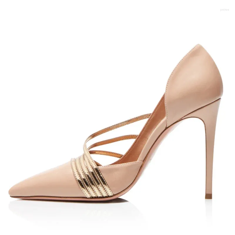 Dress Shoes Designs Gold Color Narrow Band High Heel Women's Sandals Golden Pointed Toed Party Pumps Elegant PU Chaussures