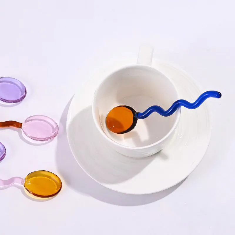 Creative Glass Milk Spoons Colored Transparent Coffee Dessert Stirring Spoon Long Handle Round Kitchen Tableware Stirrer LX6239