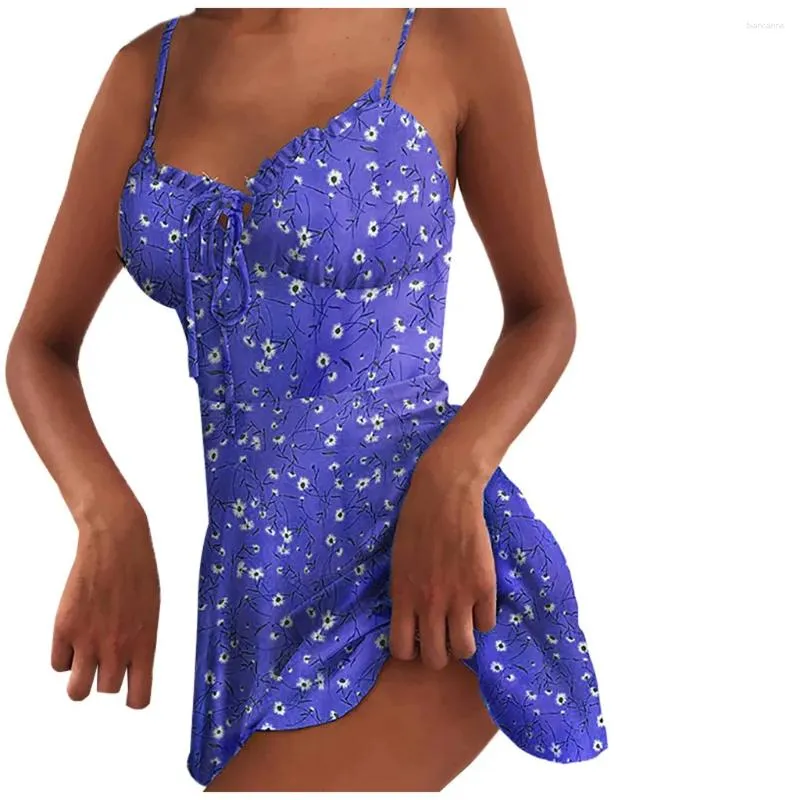 Vestidos casuais senhoras suspender sem mangas floral impressão solta babados sexy mini vestido de verão 2023 verão praia vestido curto