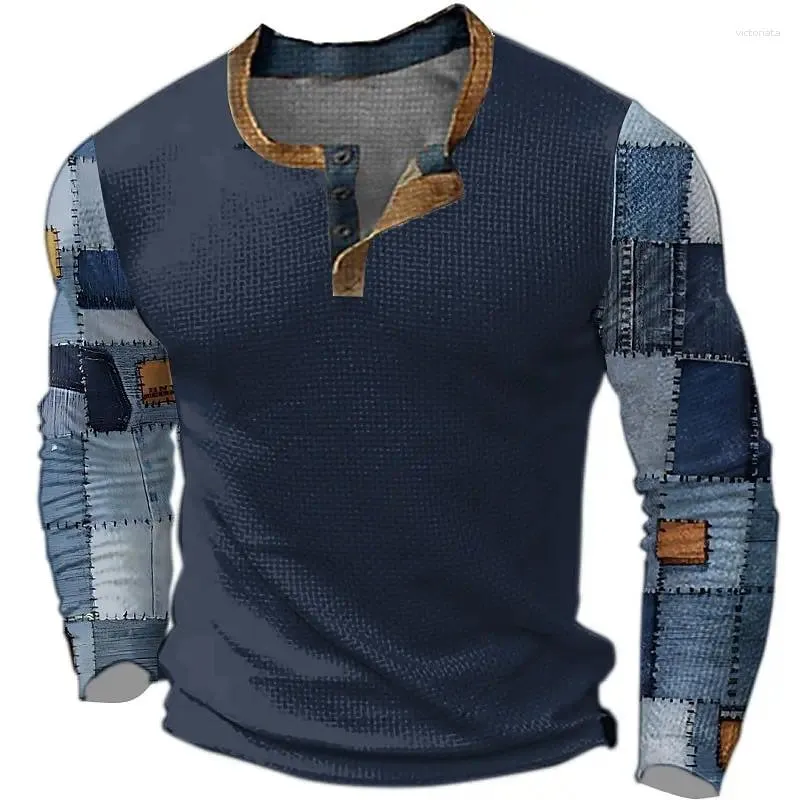 Мужские футболки, винтажная футболка для мужчин с пуговицами, хлопковая рубашка, клетчатая футболка с цветными блоками и графическим принтом, футболка с длинными рукавами, одежда оверсайз, топы