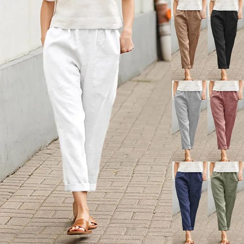 Pantalones de mujer Harem Vintage de verano de algodón y lino Capri bolsillos grandes Casual suelto hasta el tobillo pantalón para mamá pantalones de mujer