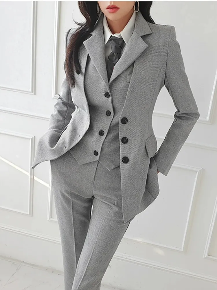 Mulheres de duas peças calça vintage de alta qualidade terno de escritório senhoras trabalho wear ol pantsuits formal feminino blazer jaqueta colete calças 3 peças conjunto 231120