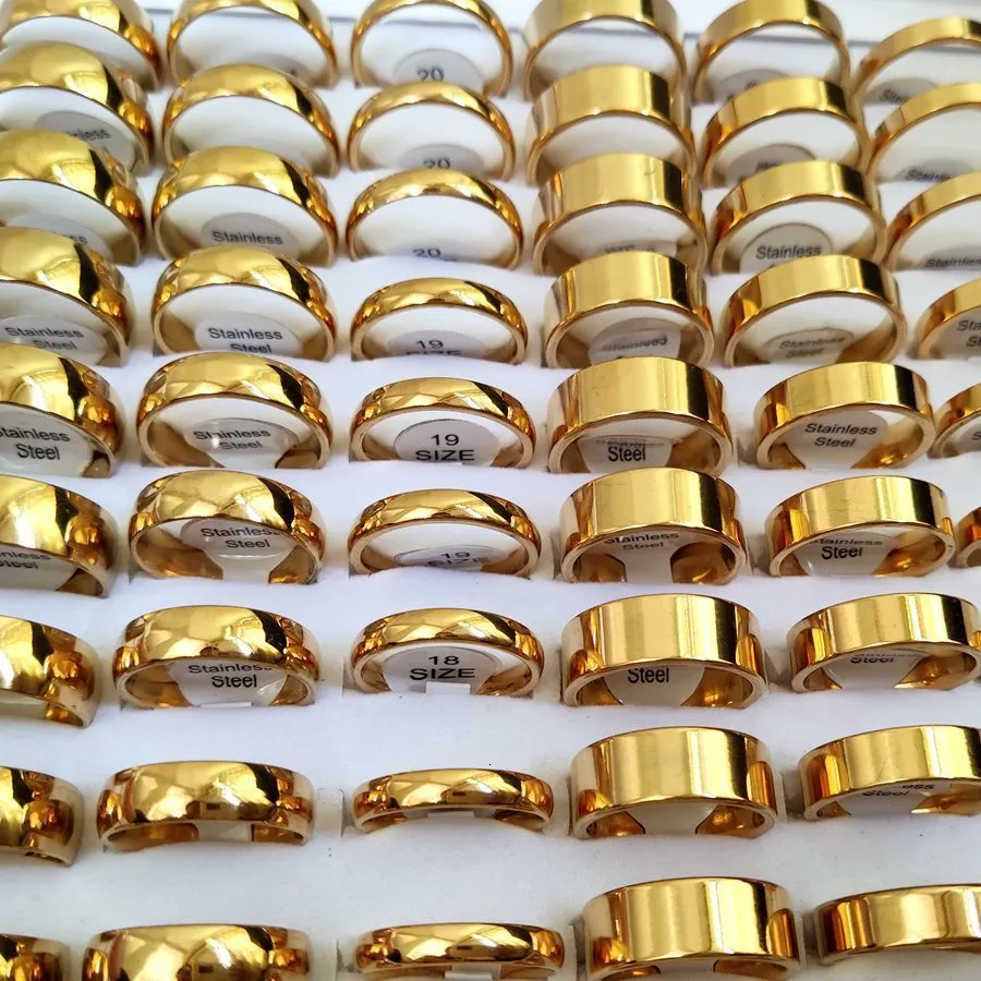 Clusterringen 36pcslot Hoge gepolijste breedte 4 mm 6 mm 8 mm gladde roestvrijstalen ringen voor mannen Vrouwen eenvoudige gouden plaat bruiloft sieraden 230419