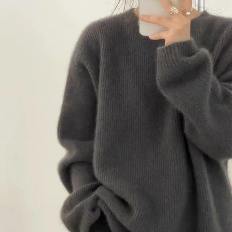 Women's Sweaters European Goods Autumn Winter Round Neck Cashmere Sweater Female Thick Languid Lazy Wind Dark Gray Loose Knit