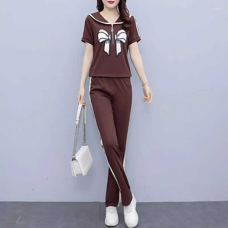 Women's Two Piece Pants Summer Plus Size Cotton Set For Women Short Sleeve Fashion Bow Printed Tops And Black Brown Casual Suits Clothes