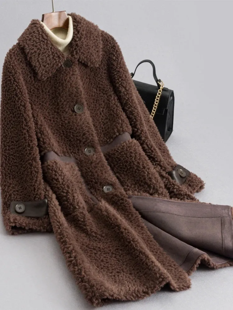 女性の毛皮のフェイクロングファッション冬のターンデュウンカラー女性コート穀物フリースゆるい厚い羊のせん断子羊暖かいストリートウェア231120