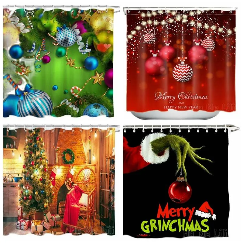 Dusch gardiner god jul gardin lyckligt år röda Xmas trädbollar rustik tegel spis kransbrunnar gröna granar