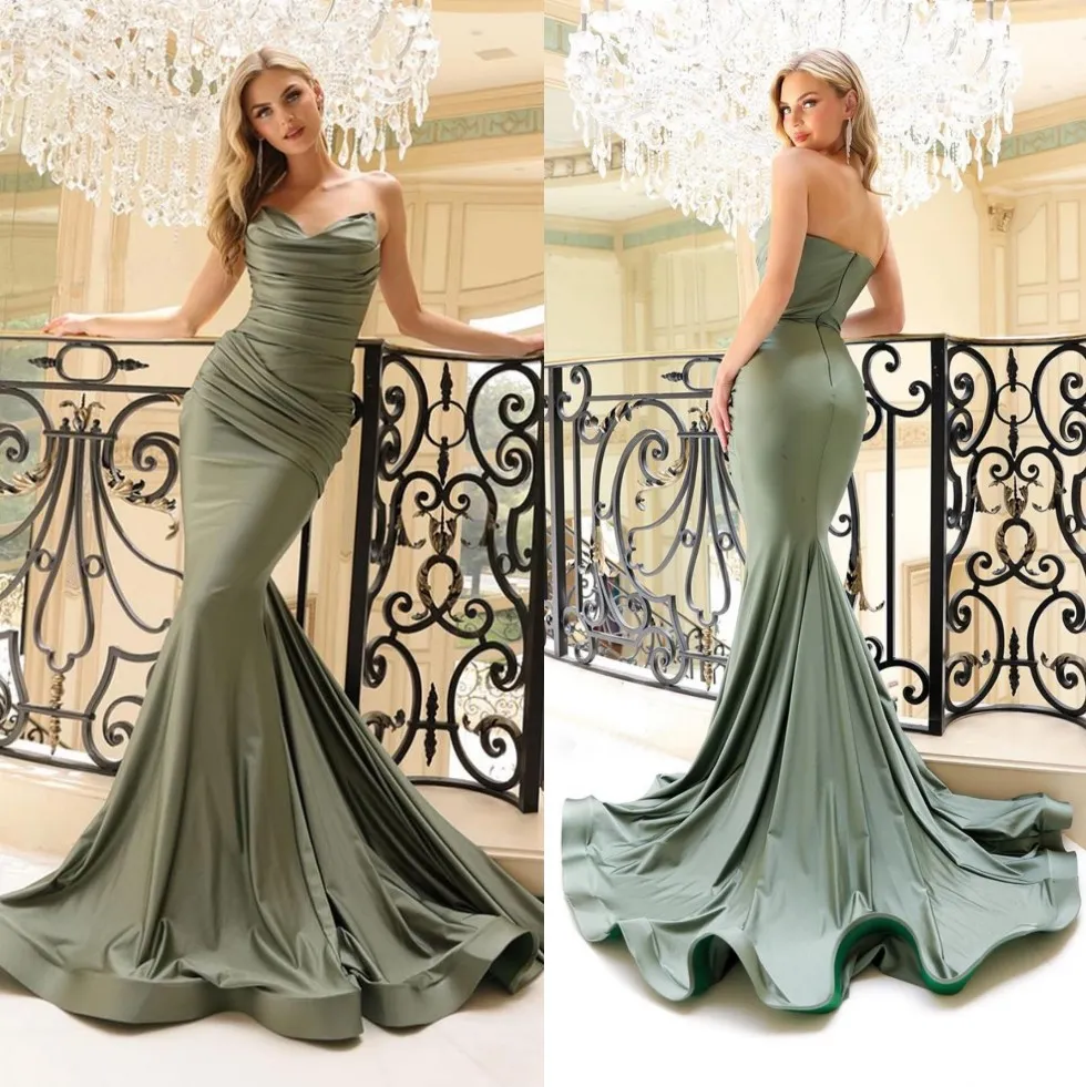 Sage Pleated Mermaid Prom Dresses Custom Made Evening Gowns Sweetheart Neck Sweep Train Special Occasion Sweep Train Formal Wear