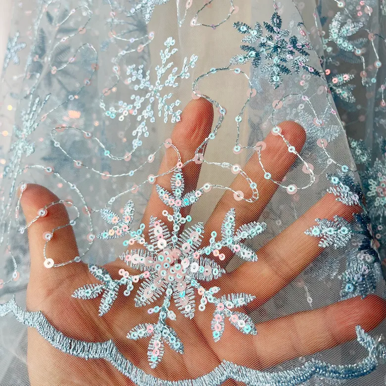 Fabric Blue mesh embroidery snowflake sequin clothing fabric DIY womens skirt dress doll clothes mesh accessories 230419