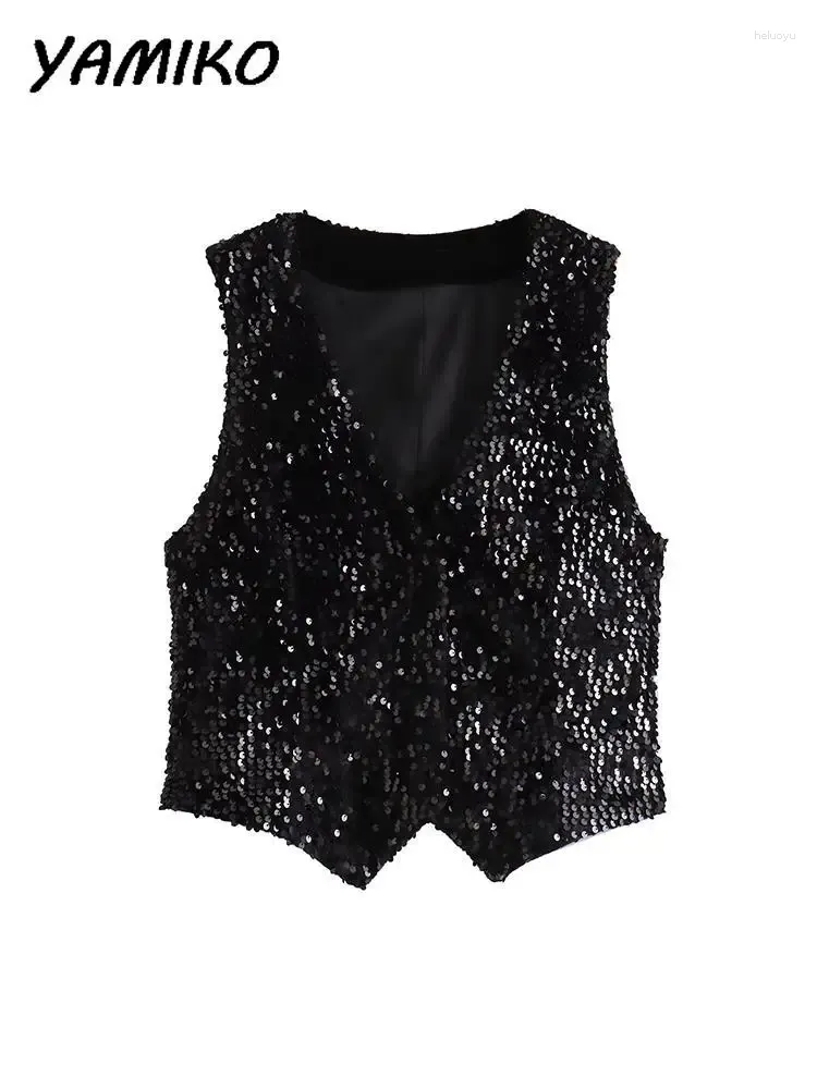 Gilet da donna Paillettes Decorato Gilet con scollo a V da donna Senza maniche Abbottonatura nascosta Crop Gilet da donna Slim Chic Party Club Giacca alla moda