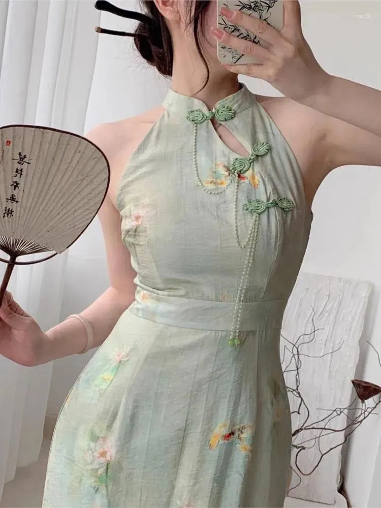 Casual klänningar ung flicka cheongsam klänning kinesisk stil förbättrad modern sexig qipao ärmlös vintage tryck blommig kvinnor elagant fest