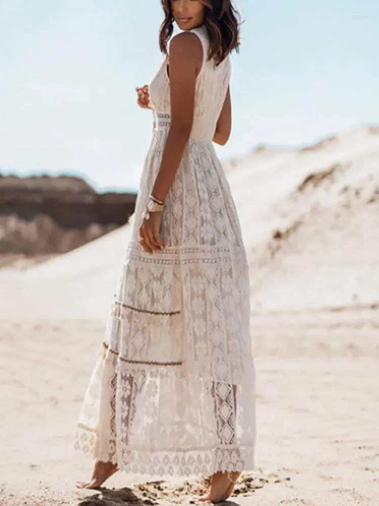 Sommerkleid Für Frauen – V-Ausschnitt, Armslos, Mit Taschen, Luftiges Boho-Strandkleid Aus Baumwolle