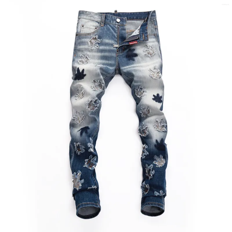 Jeans da uomo Uomo dipinto Designer Hip Hop Pantaloni di marca Hombre Moda Streetwear Retro Blu Elastico Slim Fit Foglia strappata