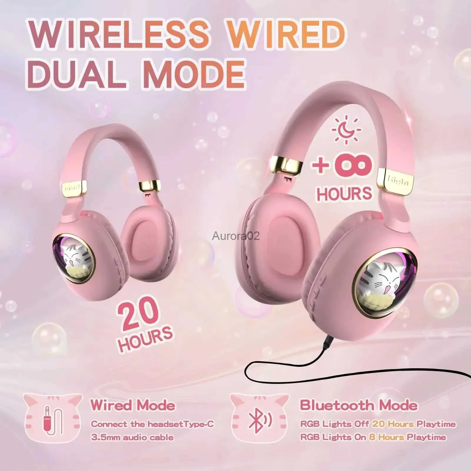 Handy-Ohrhörer, 3,5 mm, kabellos/kabelgebunden, Dual-Modus, süße Katzenohren, Mädchen-Rosa-Kopfhörer für Kinder in der Schule, Bluetooth-Gaming-Headset mit Mikrofon YQ231120