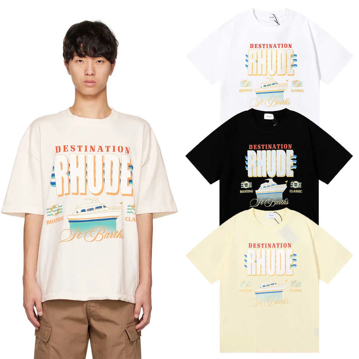 디자이너 패션 의류 티 힙합 Tshirts Rhude 목적지 요트 인쇄 순수면 여름 여름 느슨한 캐주얼 소년 소녀 티셔츠 스트리트웨어 스포츠웨어 FNXA