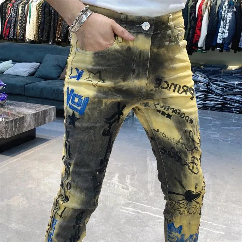 Herren Jeans High Street Washed Painted Jean Männer Streetwear Brief Drucken Graffiti Gedruckt Skinny Slim Party Casual Hosen Pantalones