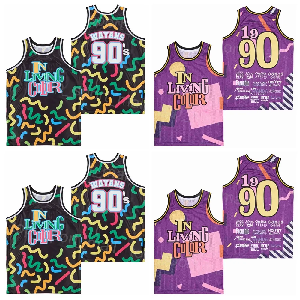 Film Basketball Série télévisée en maillot de couleur vivante 90 WAYANS 1990 Retro Sport Pullover College Respirant Vintage HipHop Purple Black University All Stitched Team