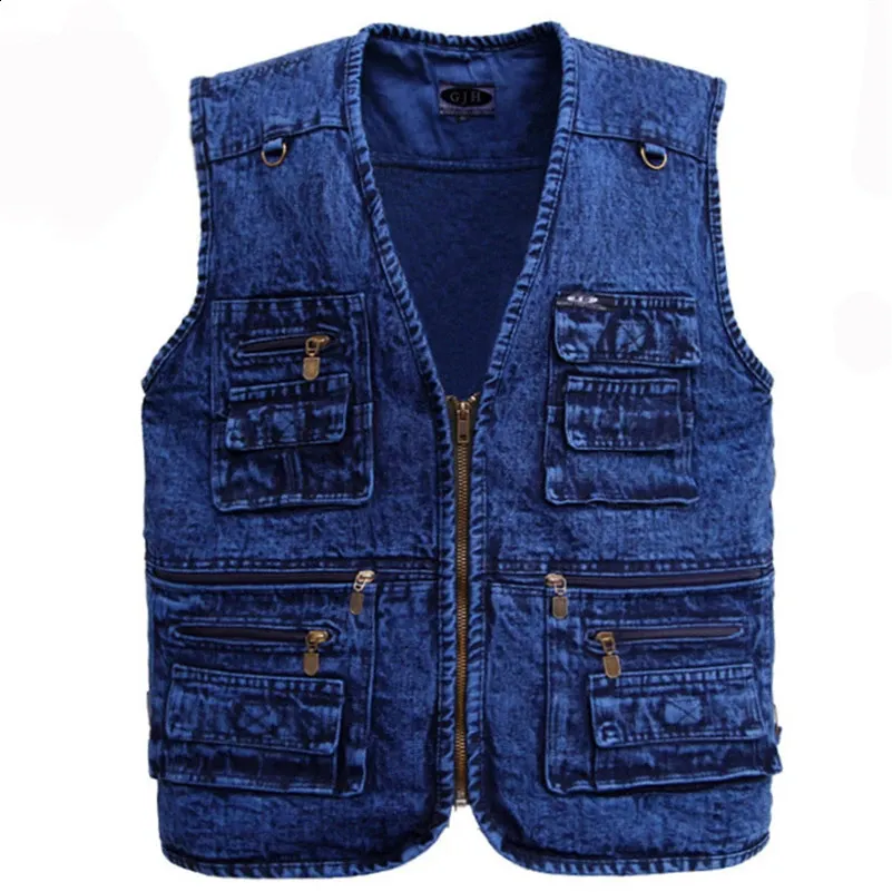 Herrenwesten Weste Oberbekleidung Jeansweste Tiefblaue Farbe Plus Size Ärmellose Jacke Multipocket Größe XL bis 5XL 231118