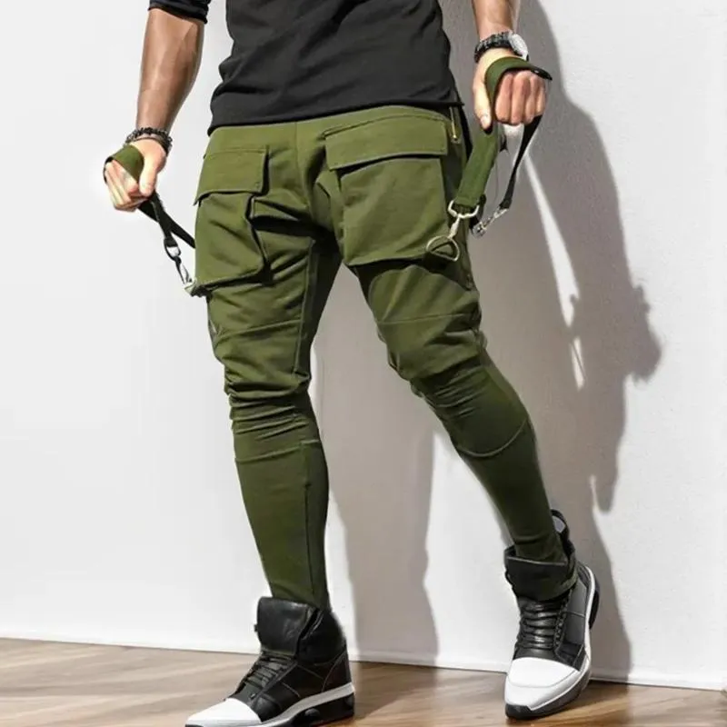 Calças masculinas multi bolso macacão calças zíper grande cor sólida esportes calça exercício ao ar livre streetwear