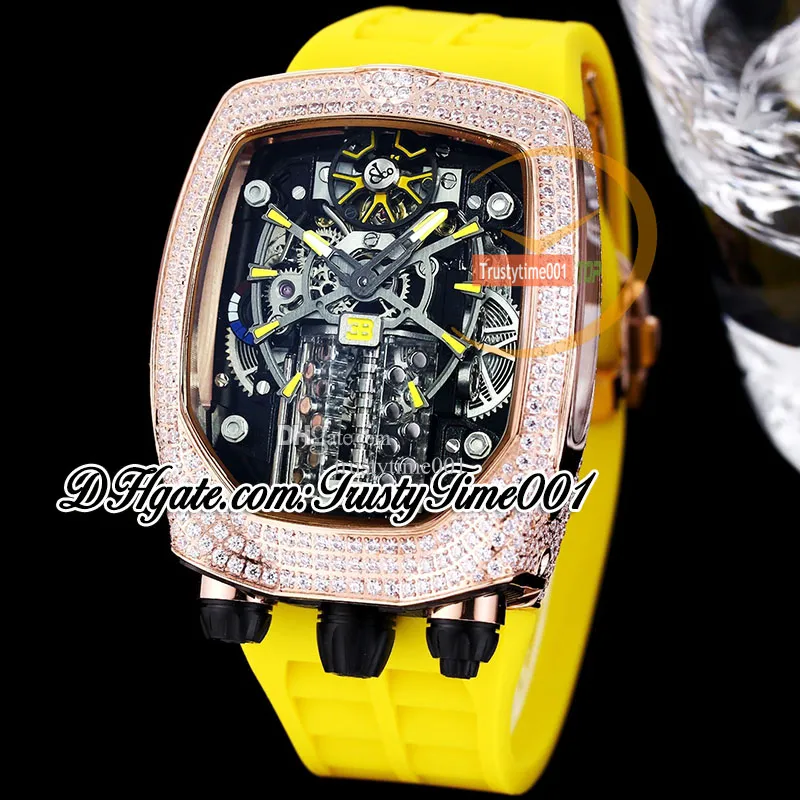 Bugatti Chiron Tourbillon Autoamtic Montre pour homme Moteur 16 cylindres Cadran squelette Or rose Boîtier incrusté de diamants Bracelet en caoutchouc jaune trustytime001Montres BU200.40