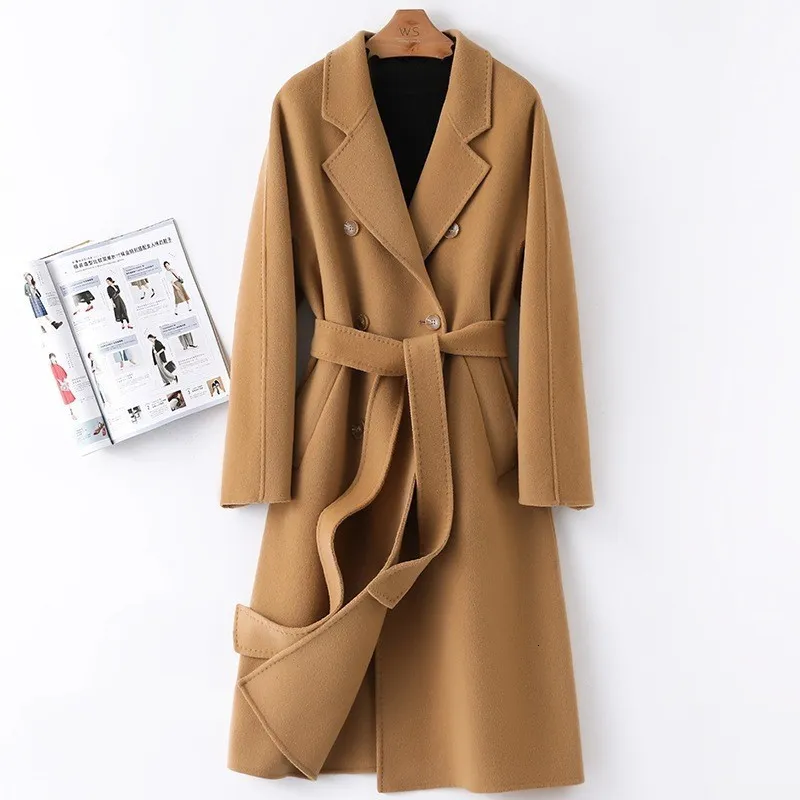 Cappotto In Lana Da Donna Doppiopetto Lungo Con Cintura - Elegante Trench Slim Per Autunno E Inverno