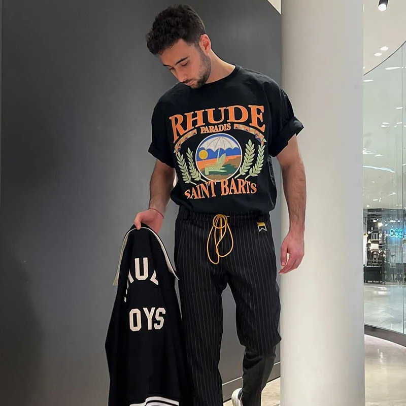 デザイナーファッション衣類 Tシャツヒップホップ Tシャツ Rhude アメリカトレンドブランド夏休みビーチヴィンテージカップル VTG ハイストリートルーズ Tシャツ男性ルーズストリート