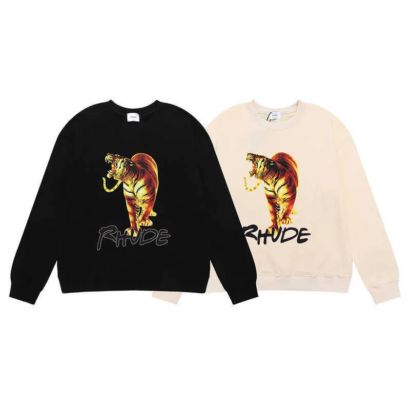 Vêtements de créateurs Sweats à capuche Sweats à la mode Rhude Little American High Street Tendance Marque Terry Thin Gold Tiger Head Print Sweat-shirt ample à col rond pour hommes et femmes