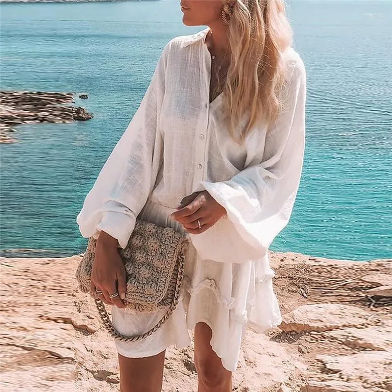 Boho Chic: Long Sleeve Cotton Linen dress with Ruffled Skirt and Turn-Down Collar for Women's Summer Beach Fashion