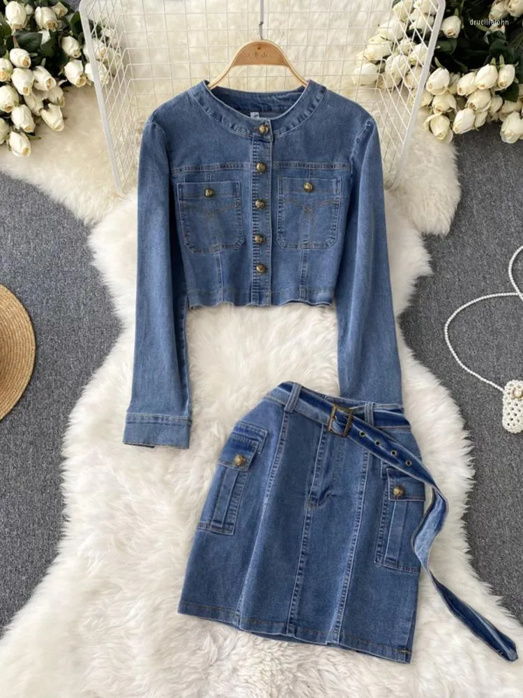 Work Dresses Denim Set Two-piece Suit Autumn Fashion Round Collar Blue Single-breasted Short Jackets Top Solid Color Hip Skirt