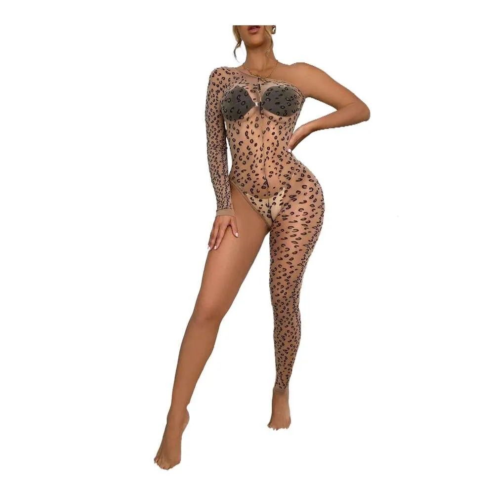 Deladola Tuta a rete Vedi attraverso una manica Body sexy attraverso pagliaccetto a rete Sheer Leopard Bodycon Beach Party Clubwear per