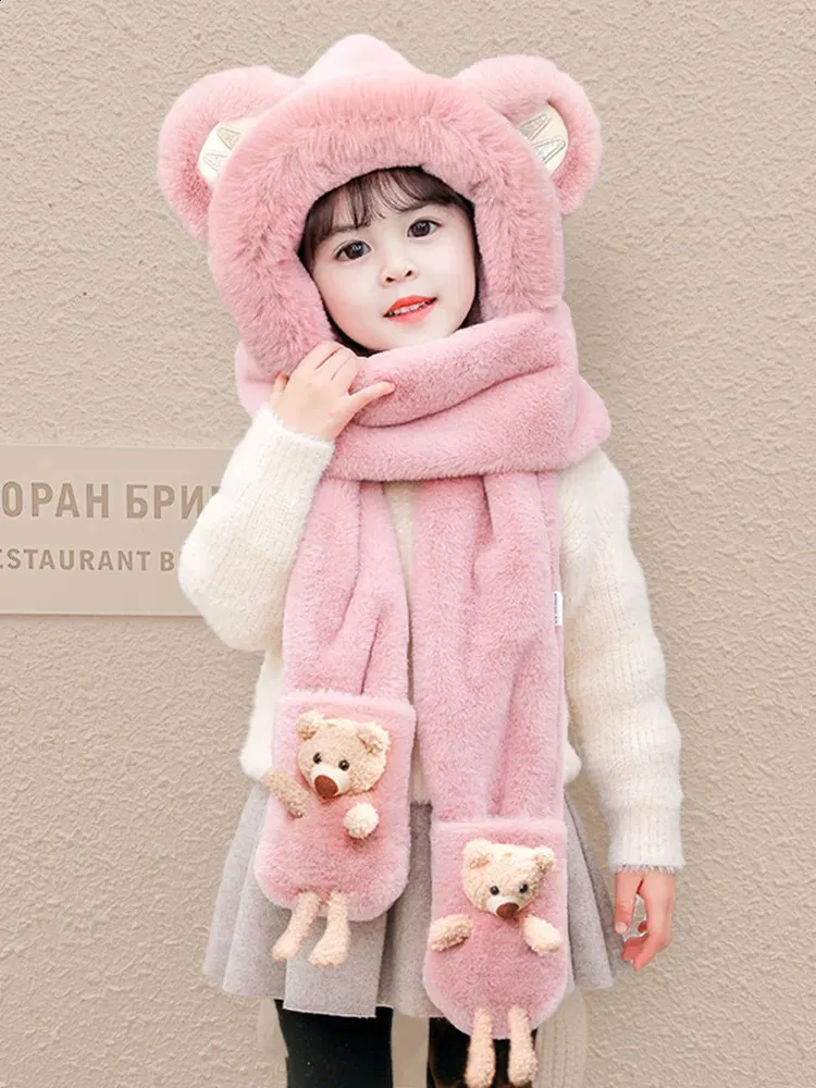 Cappelli Sciarpe Set Cappello per bambini Inverno Ragazzi e ragazze Simpatici paraorecchie Cappello Sciarpa Guanti Cappello Orso Berretto a maniche per bambini 231118