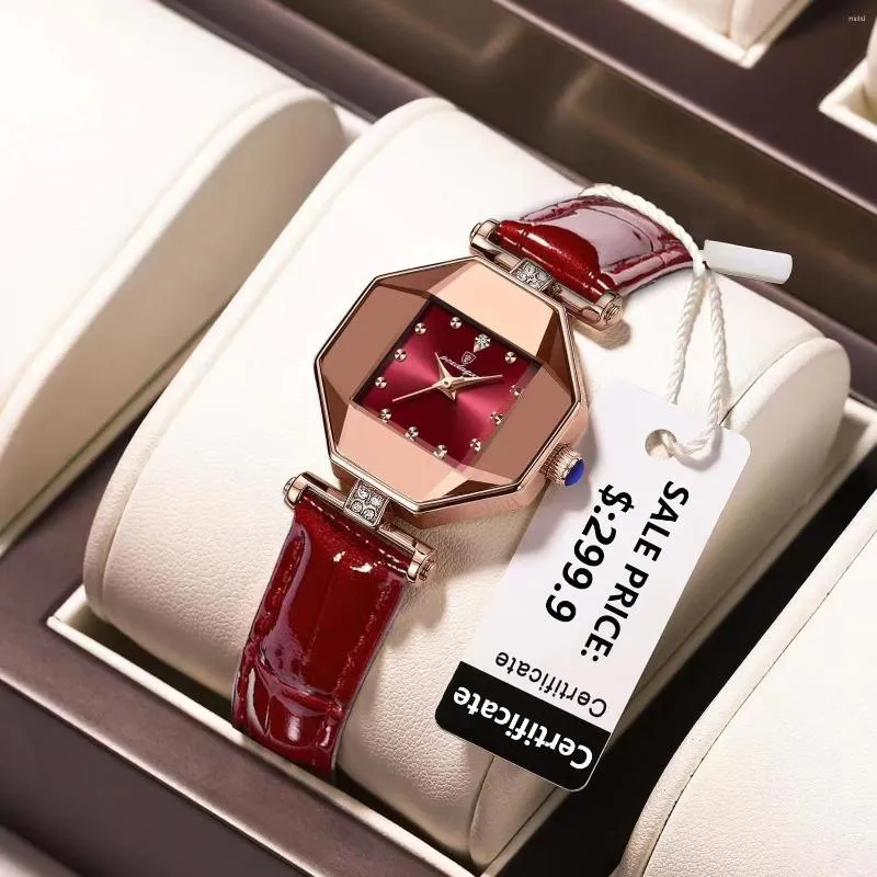 Armbanduhren 2023 Luxus Quarzuhr Mädchen Elegante Mode Rotes Zifferblatt Wasserdichte Damen Lederuhren Frauen Hohe Qualität Zegarek