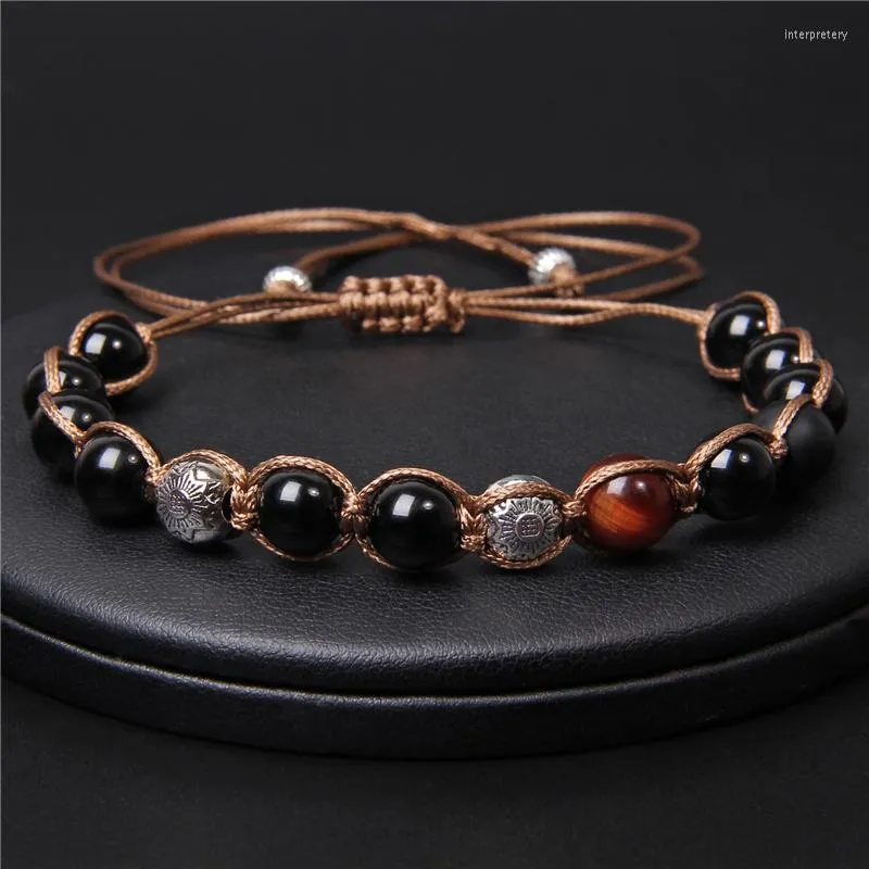 Strand verstellbare Männer Perlenarmband Naturstein Onyx Tigerauge Perlen schwarzes Seil geflochtene runde Kugel Glücksschmuck