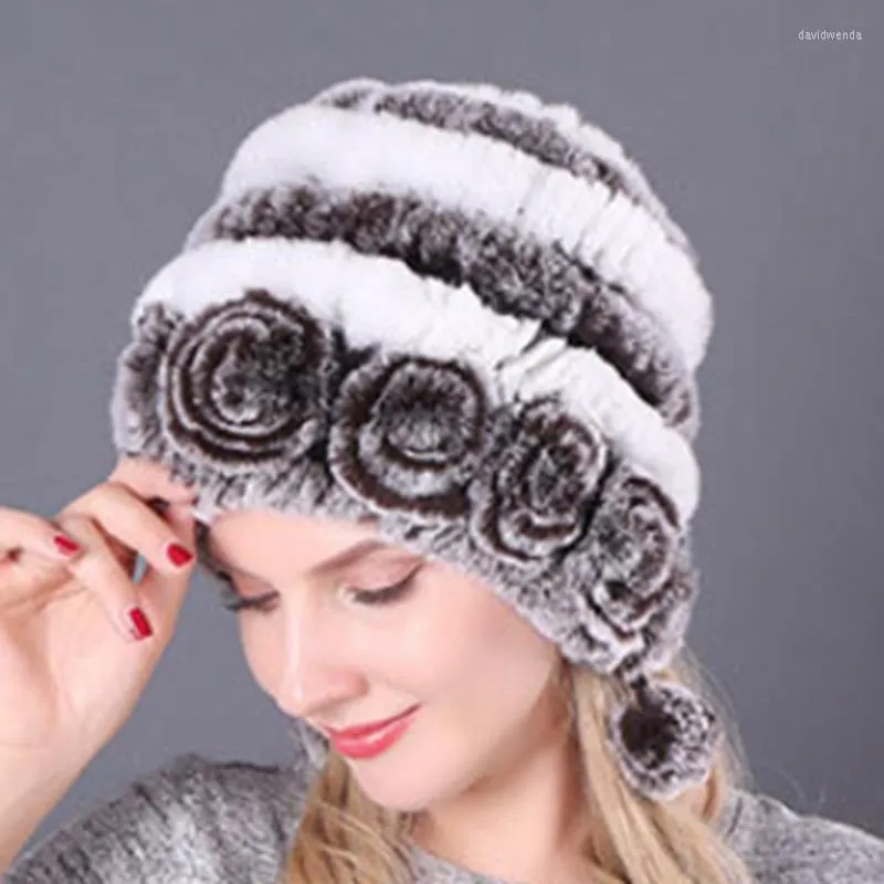 Beanies Beanie/Skull Caps Winter Women Flowers Striped Natural Fur Hats Lady Warm Knit本物の屋外Davi22
