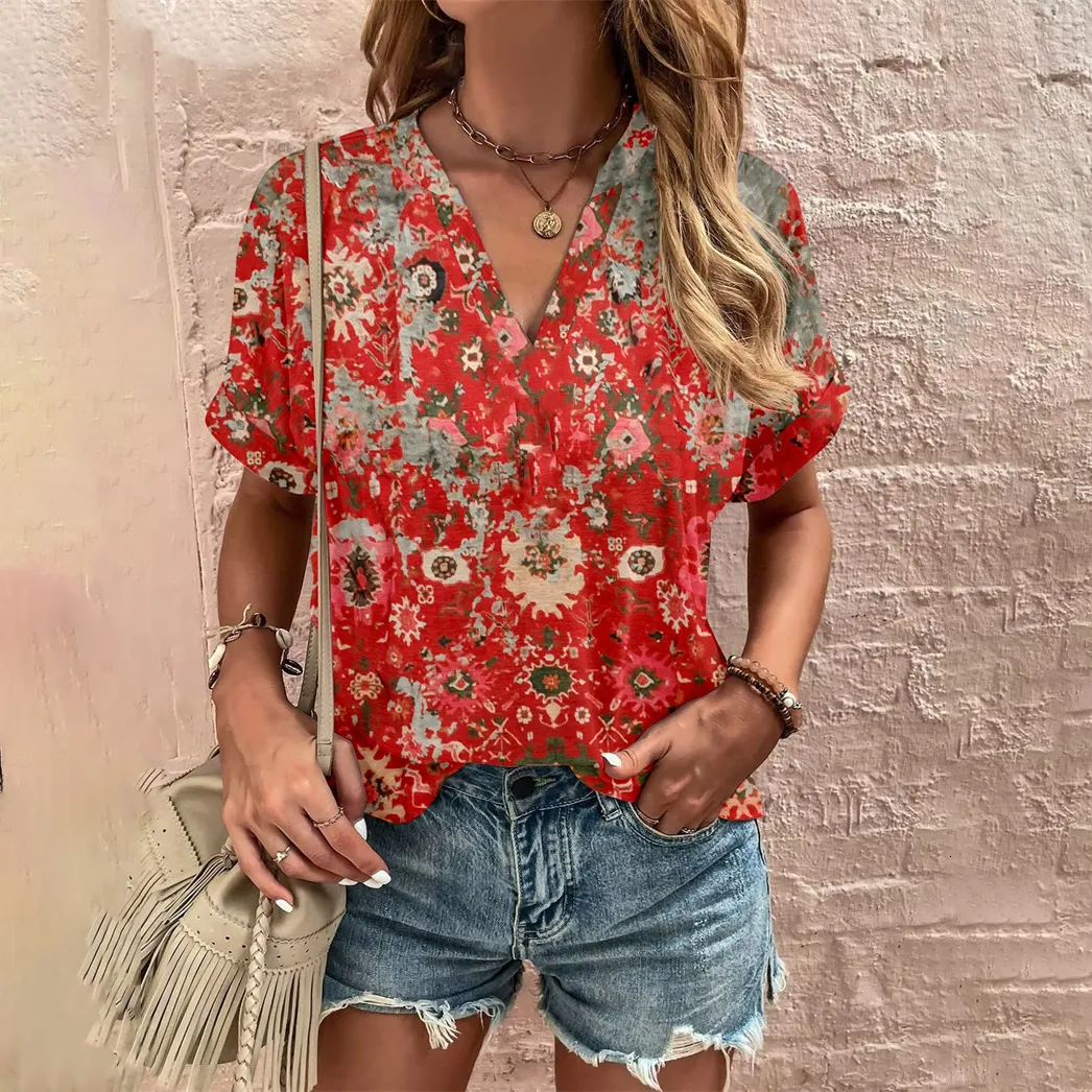 Women's T Shirt Elegant Loose T shirt Ladies V Neck Short Sleeve Tops Summer Clothes Casual Pullover Print Tees Ethnic Women T Shirt 230419