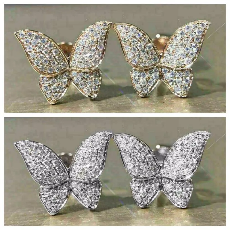 スタッドイヤリングHuitan Fluttering Butterfly with Full Shiny CZ Statement Silver Color/Gold Color Trendy JewelryStud