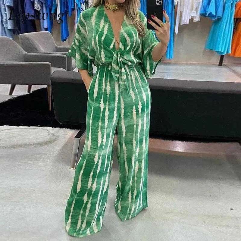 Kvinnors jumpsuits Rompers 2023 Summer Randig tryck Midja Romper Kvinnor Fashion V-ringning Halva ärm Jumpsuit Ladies Casual Wide Leg Pant PlaySuit Overall P230419