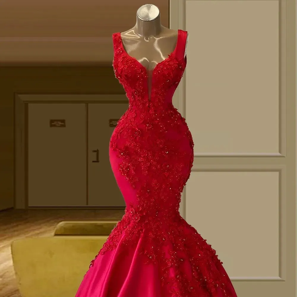 Flor vermelha frisada vestido de baile médio oriente 2024 sereia alças longas até o chão vestidos de festa robe de soiree noite wear árabe dubai luxo